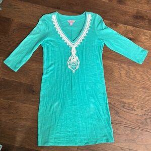 Teal V-Neck Dress with White Embroidery